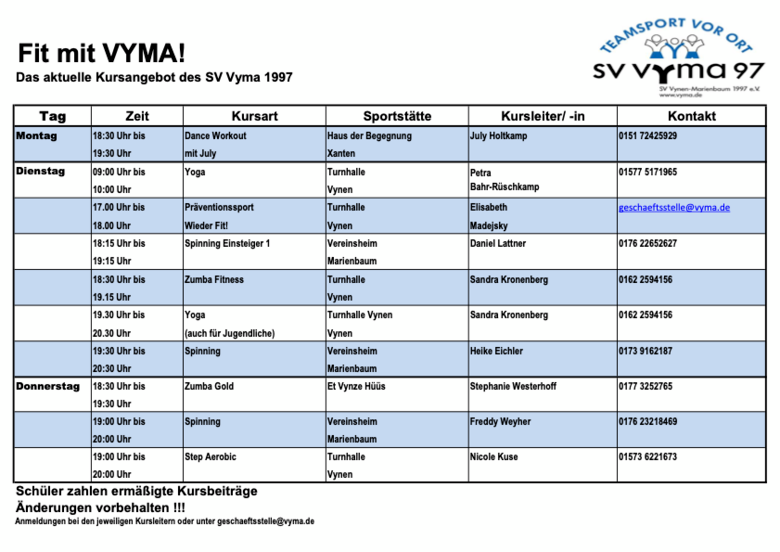 SV VyMa Kursangebot Breitensport Frühling 2026